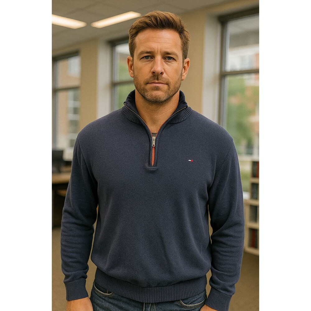 Tommy Hilfiger Men’s 1/4 Zip Sweater Pullover Navy Blue Size Large Cotton